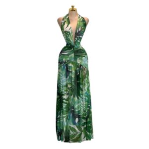 Vestido Largo Verde Tropical Halter Con Escote Profundo