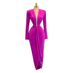 Vestido Largo Fucsia De Manga Larga Con Escote Profundo