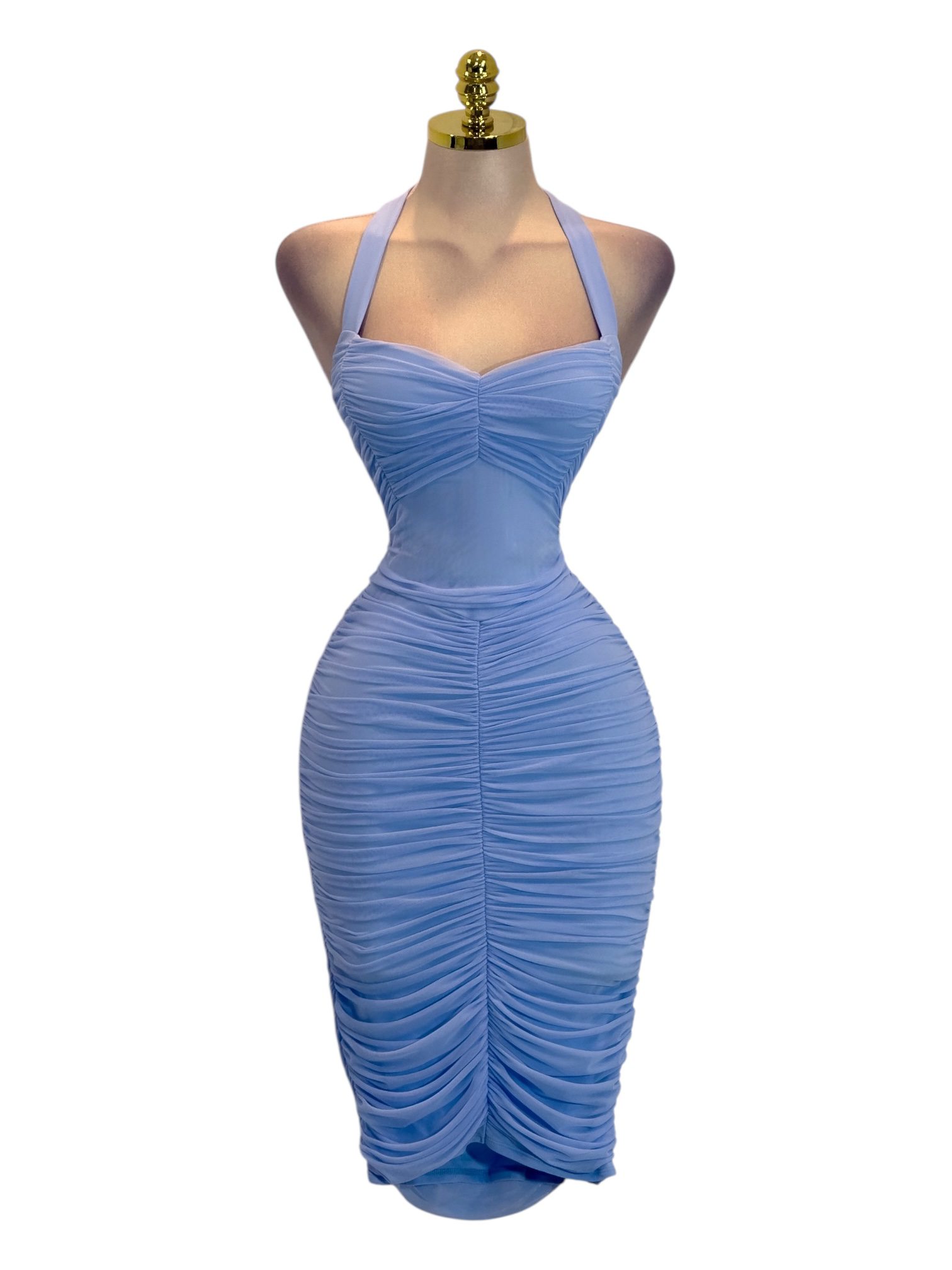 Vestido Midi Azul Cielo Ajustado Con Fruncido Central - Image 2