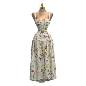 Vestido Midi Blanco Con Estampado Floral Multicolor