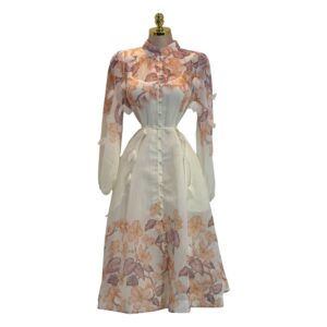 Vestido Midi Blanco Floral De Manga Larga Con Cuello Alto