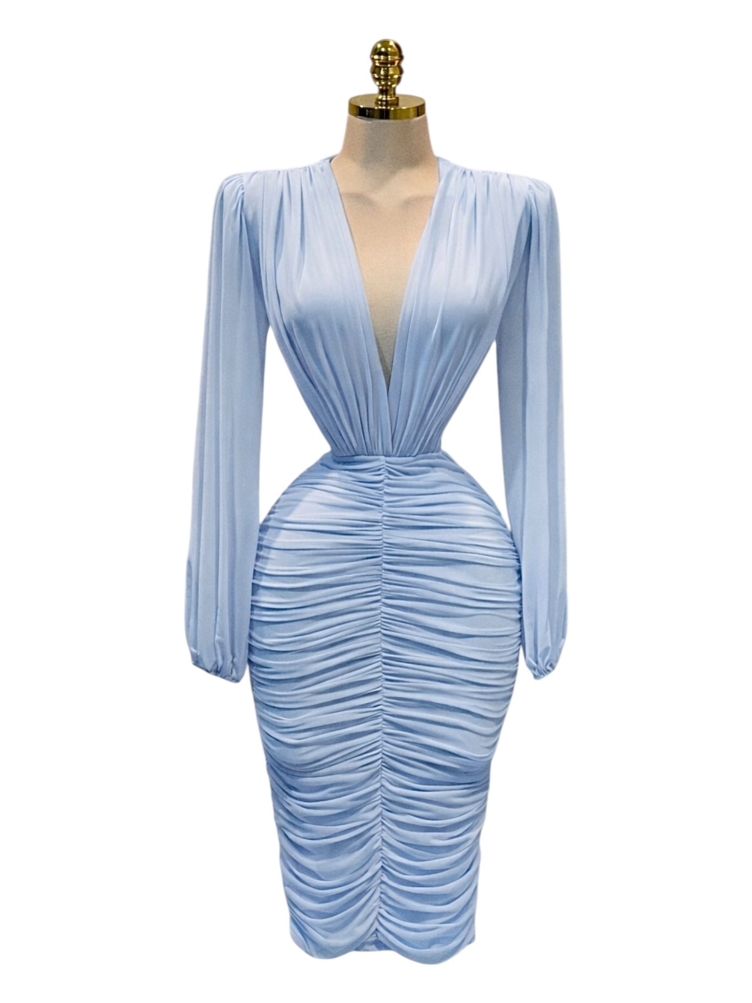 Vestido Azul Drapeado De Manga Larga - Image 2