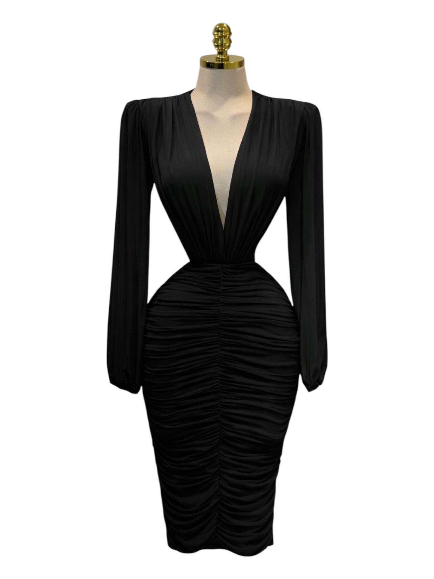 Vestido Midi Negro Con Escote Profundo En V Y Manga Larga Drapeada - Image 2