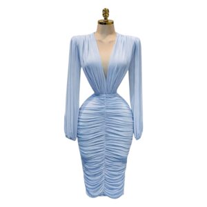 Vestido Azul Drapeado De Manga Larga