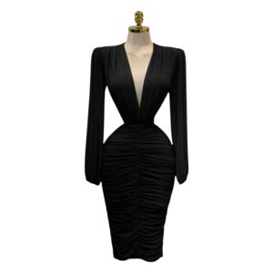 Vestido Midi Negro Con Escote Profundo En V Y Manga Larga Drapeada