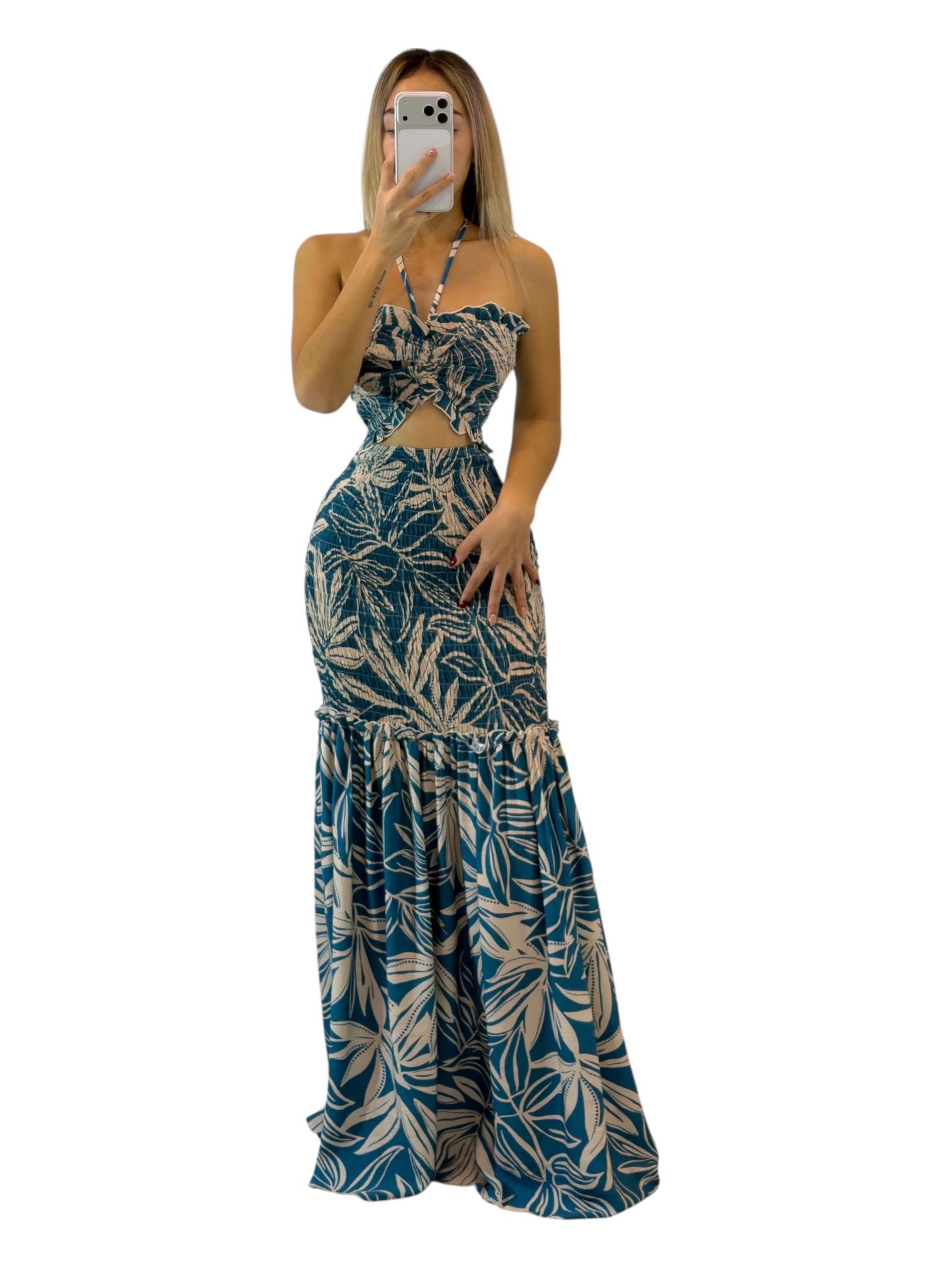 Vestido Azul Estampado Con Escote - Image 3