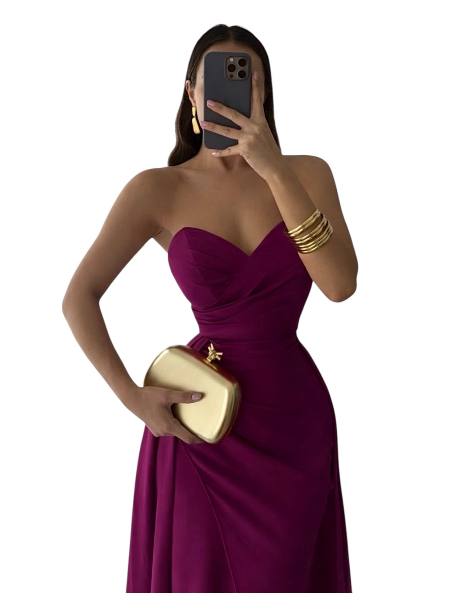 Vestido Color Ciruela Strapless Con Abertura Frontal - Image 3