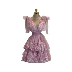 Vestido Midi Rosa De Tul Bordado Con Escote En V Profundo