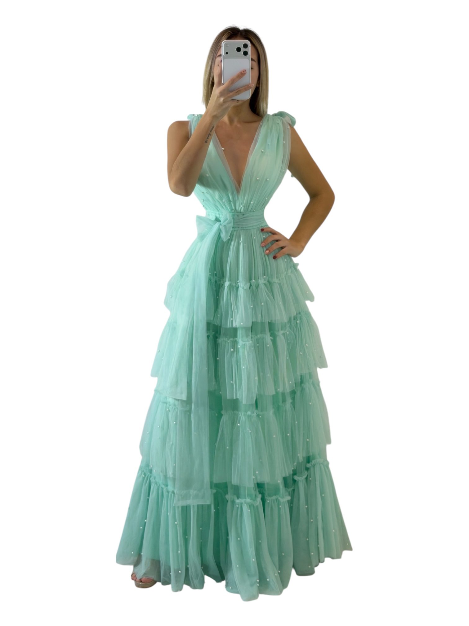 Vestido Largo Verde Menta De Tul Con Escote En V Profundo - Image 3