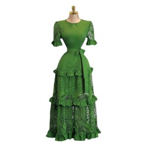Vestido Midi Verde Con Encaje Calado Mangas Cortas Volantes