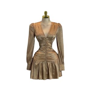 Vestido Corto Dorado Con Escote En V Profundo Fruncido Central