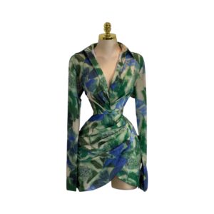 Vestido Corto Verde Estampado Con Escote En V Mangas Largas