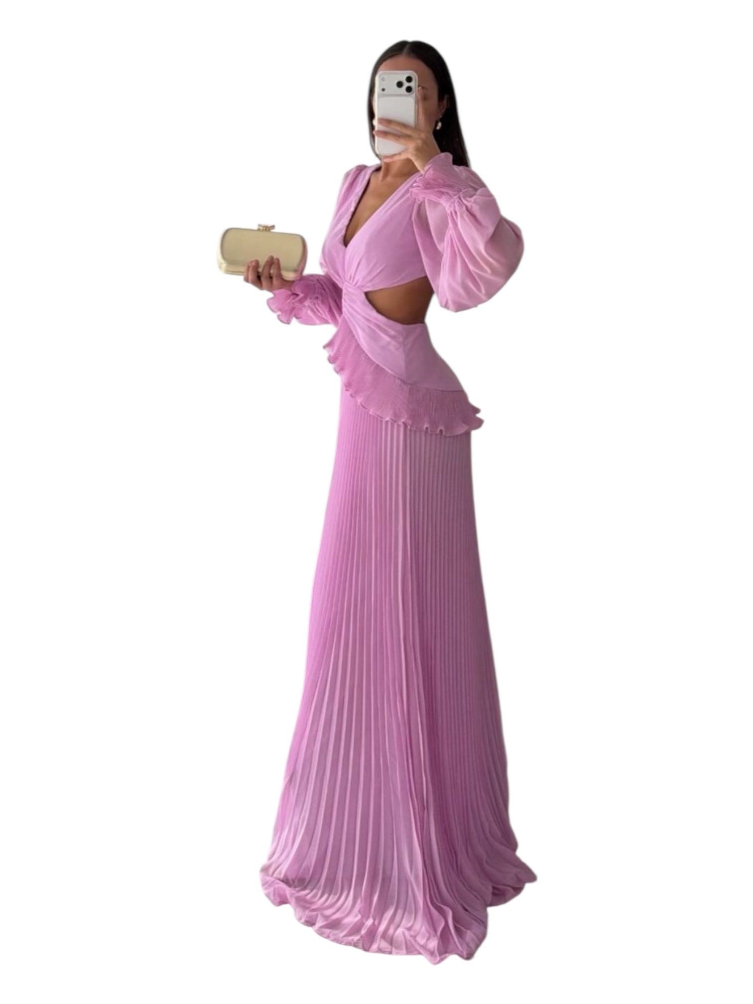 Vestido Rosa Con Mangas Abullonadas Escote En V - Image 3