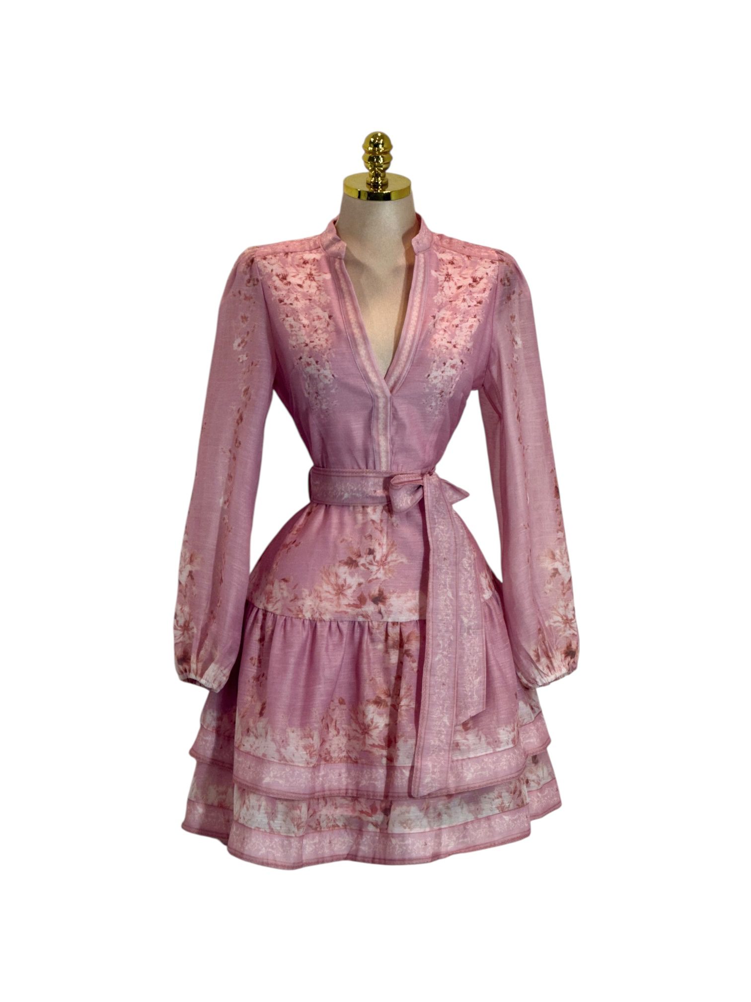 Vestido Corto Rosa Floral Con Mangas Largas Escote En V Y Cinturón Ajustable - Image 2