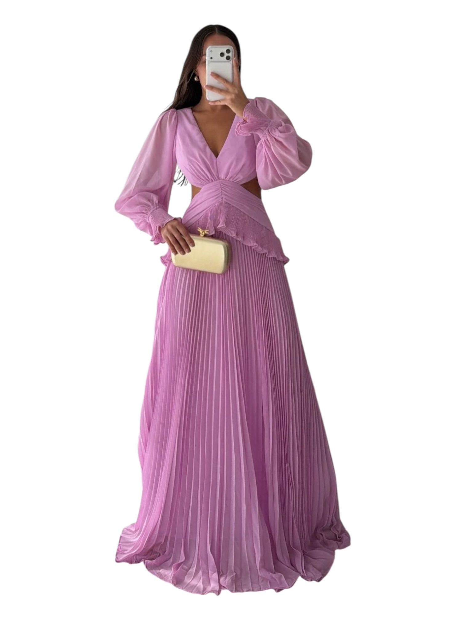 Vestido Rosa Con Mangas Abullonadas Escote En V - Image 2