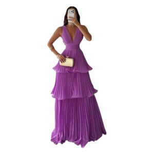 Vestido Morado Lila Plisado Con Escote En V Profundo Cintura Definida