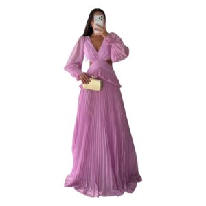 Vestido Rosa Con Mangas Abullonadas Escote En V