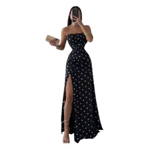 Vestido Negro Con Estampado De Lunares Blancos Y Escote Strapless