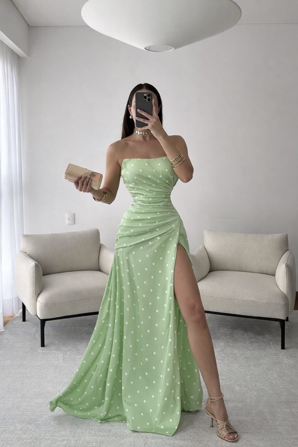 Vestido Verde Con Lunares Blancos Y Escote Strapless - Image 4