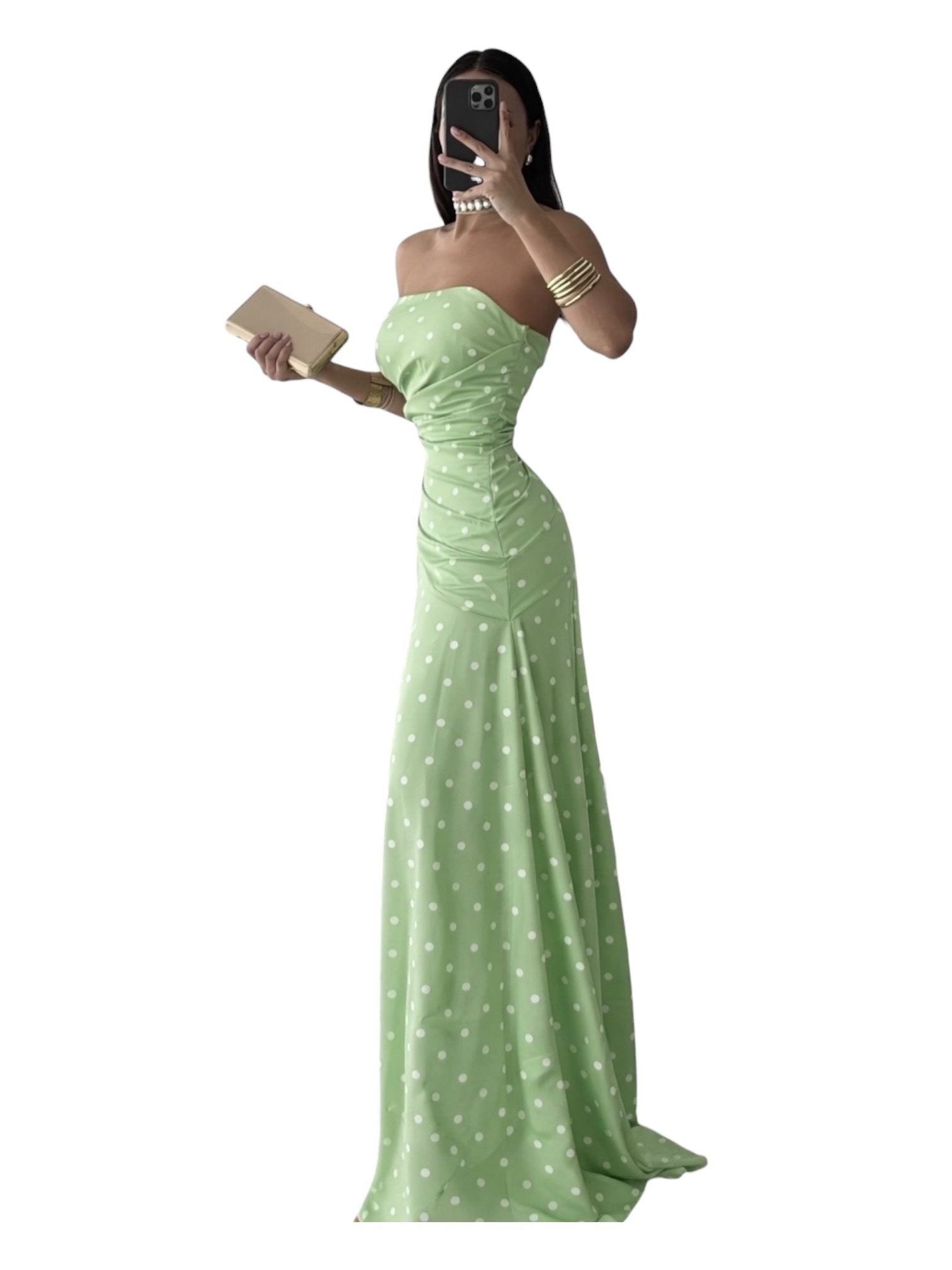 Vestido Verde Con Lunares Blancos Y Escote Strapless - Image 3