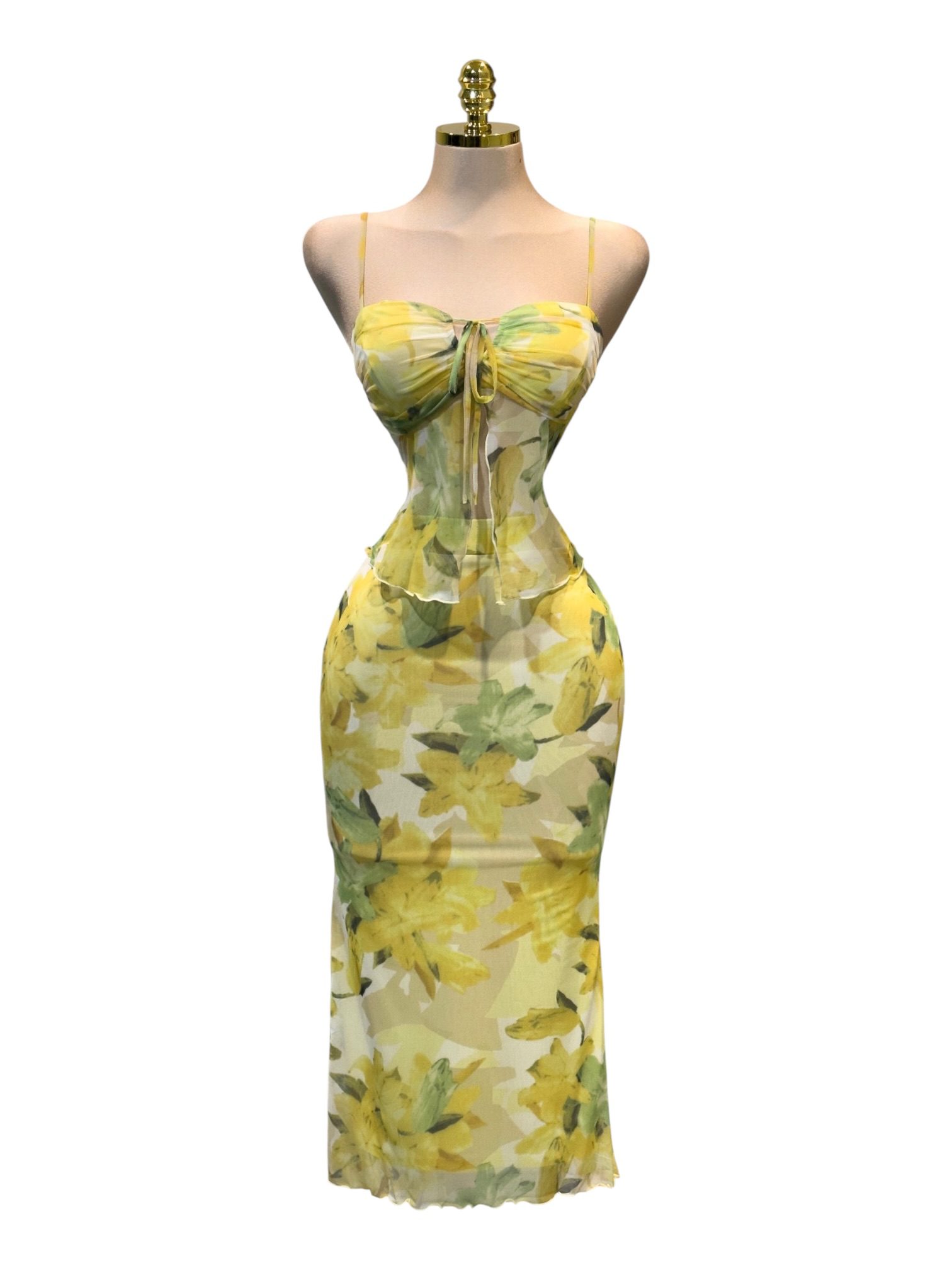 Conjuno Amarillo Floral Ajustado Con Tirantes Delgados - Image 2