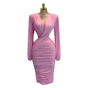 Vestido Midi Rosa Pastel Ajustado Con Escote En V Profundo