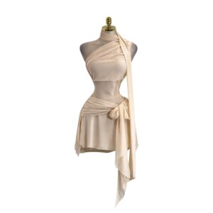 Vestido Corto Beige Asimétrico Con Nudo Lateral Y Escote Drapead