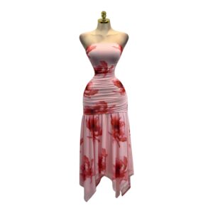 Vestido Midi Rosa Floral Strapless Con Drapeado En Cintura