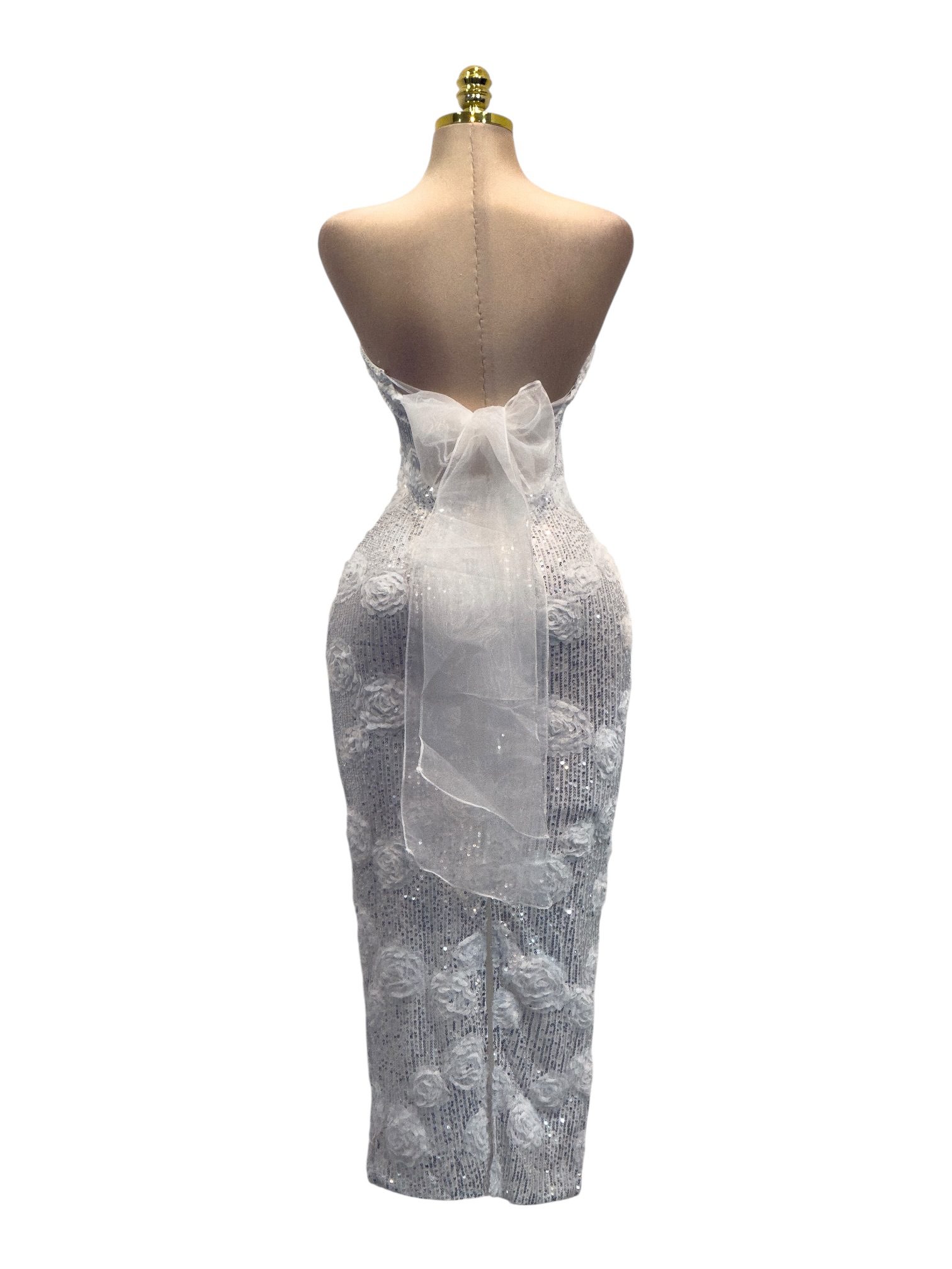 Vestido Blanco Aperlado Strapless Con Aplicaciones Florales En Relieve - Image 3