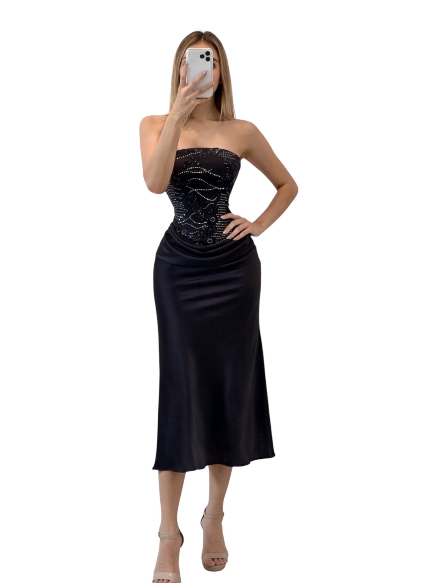 Vestido Largo Negro Strapless Con Corset Bordado - Image 2