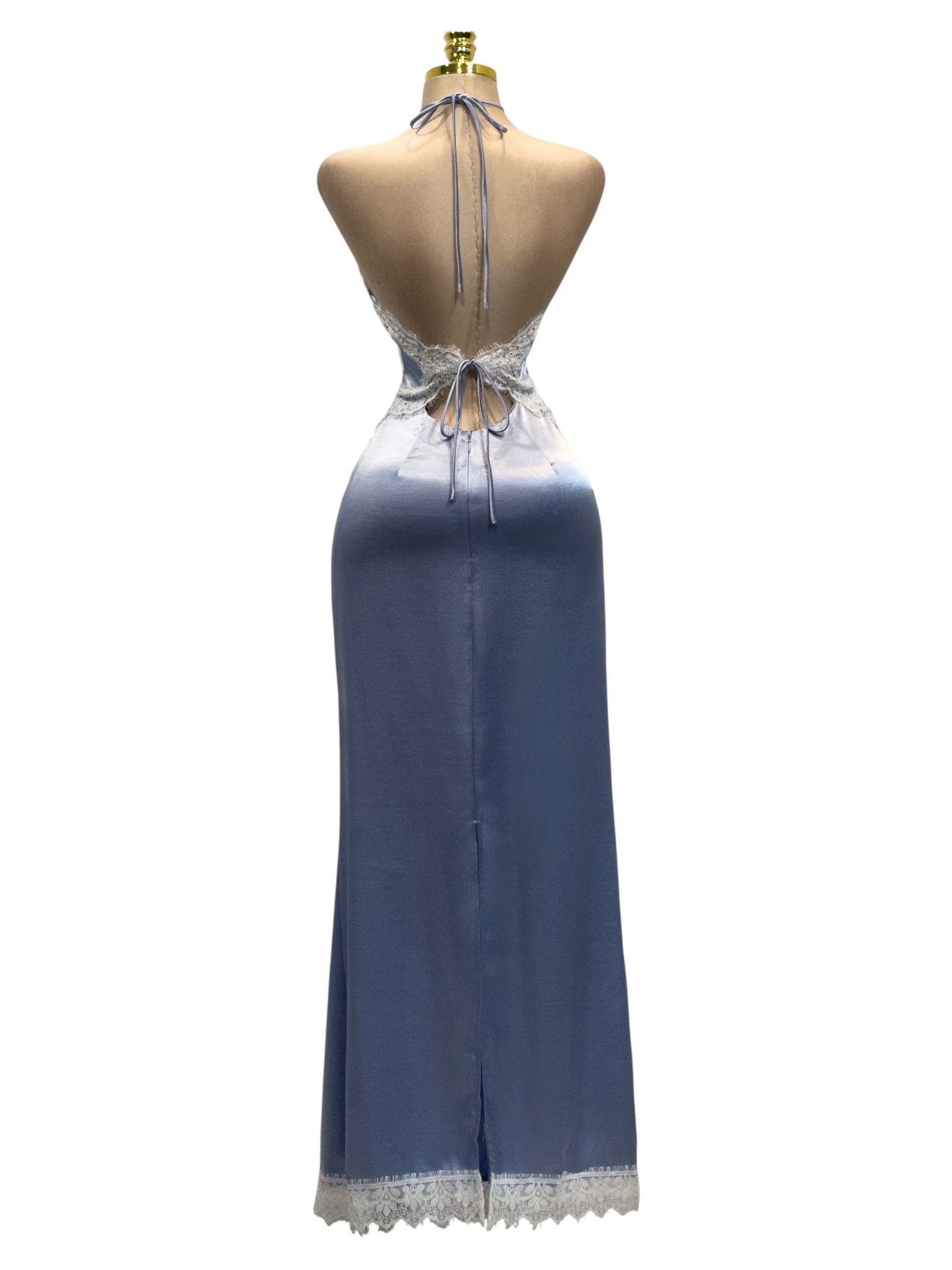 Vestido Satinado Azul Cielo Con Encaje Blanco - Image 3