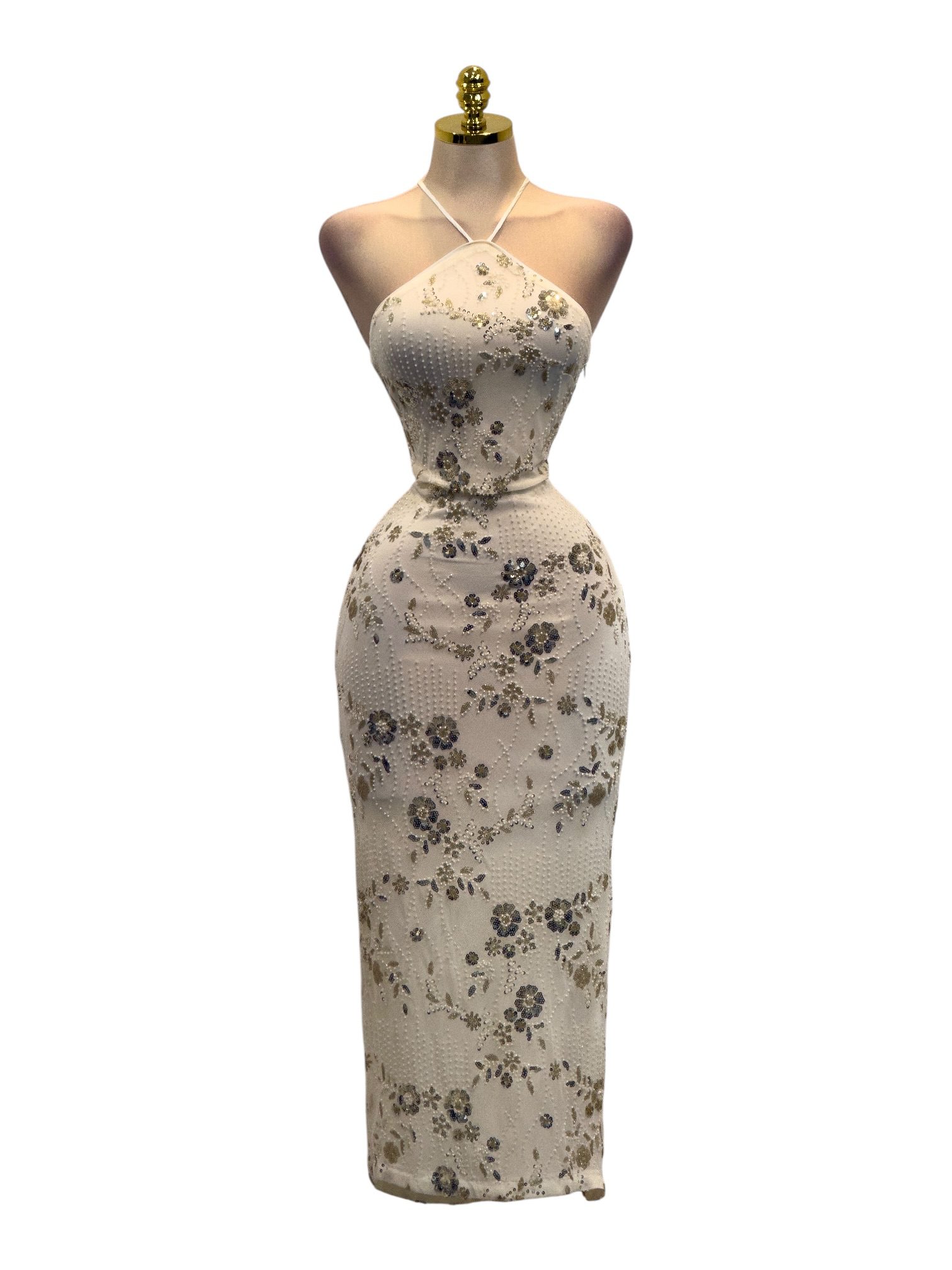 Vestido Marfil Bordado Con Aplicaciones Florales Y Corte Ajustado - Image 2