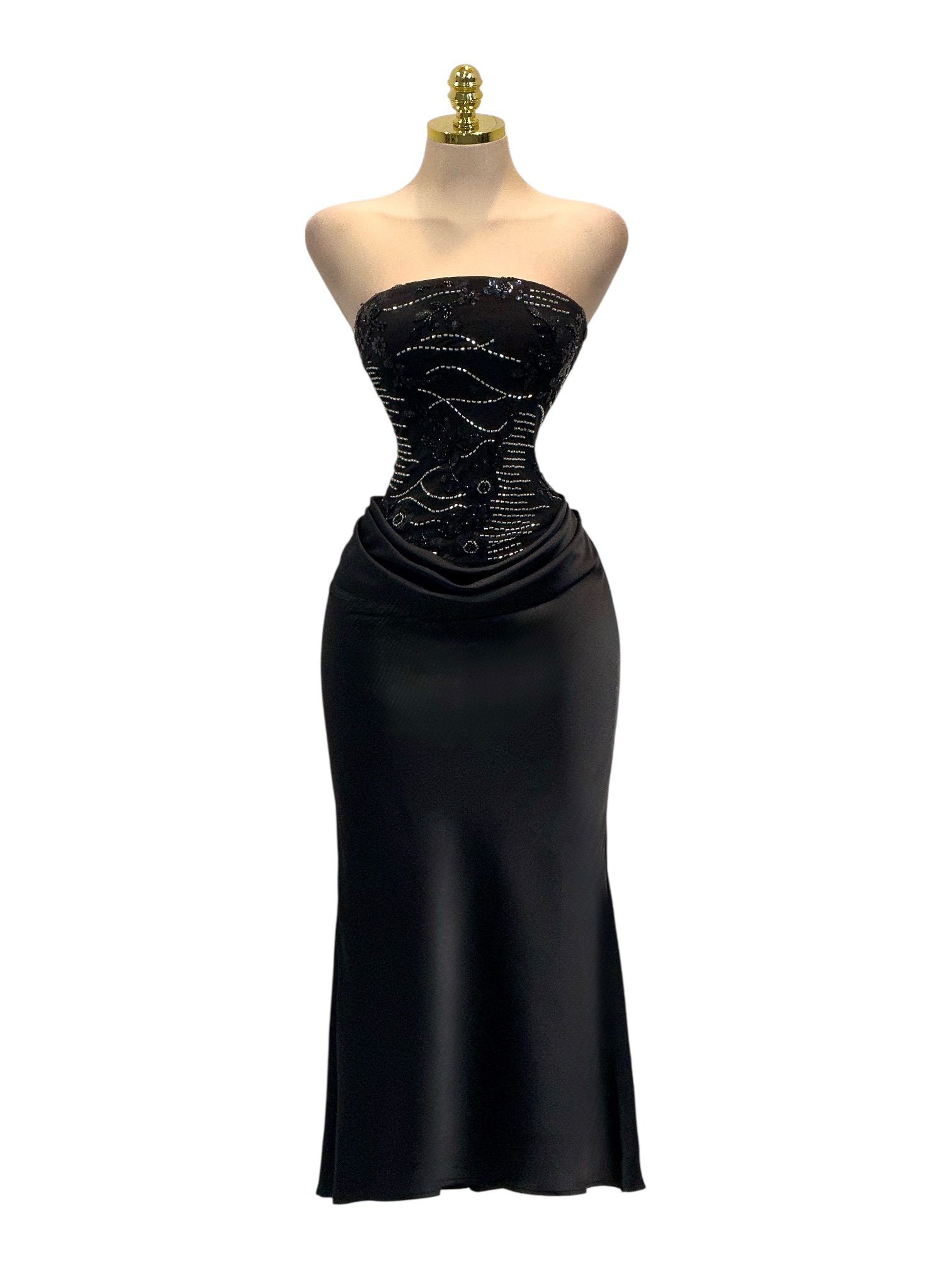 Vestido Largo Negro Strapless Con Corset Bordado - Image 3