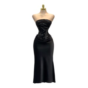 Vestido Largo Negro Strapless Con Corset Bordado