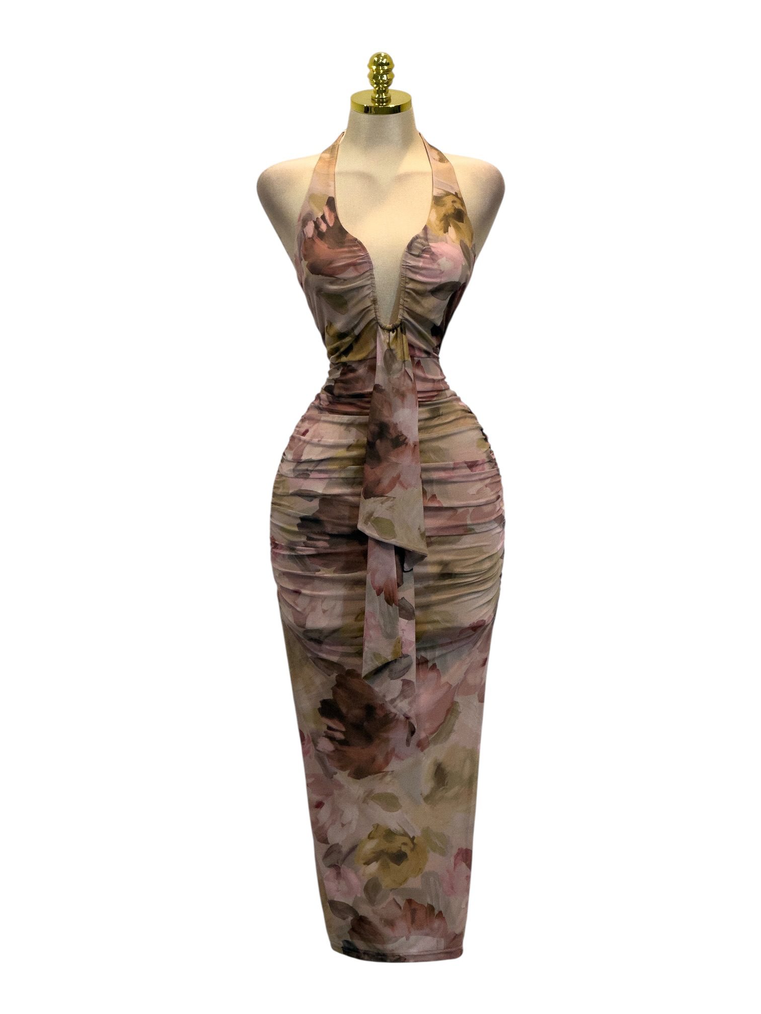 Vestido Midi Floral Multicolor Con Escote Halter Y Fruncido - Image 2