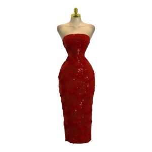 Vestido Midi Rojo Con Aplicaciones Florales En Relieve Y Brillos Sutiles
