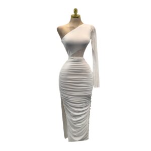 Vestido Blanco De Un Hombro Con Manga De Encaje Y Fruncido