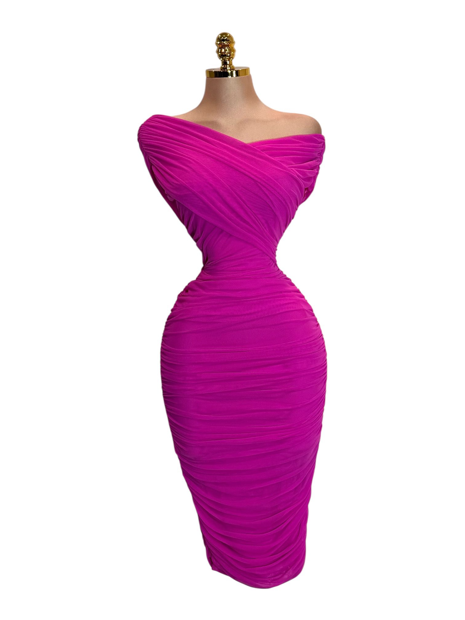 Vestido Midi Fucsia Con Escote Bardot Y Drapeado Ajustado Elegante - Image 2