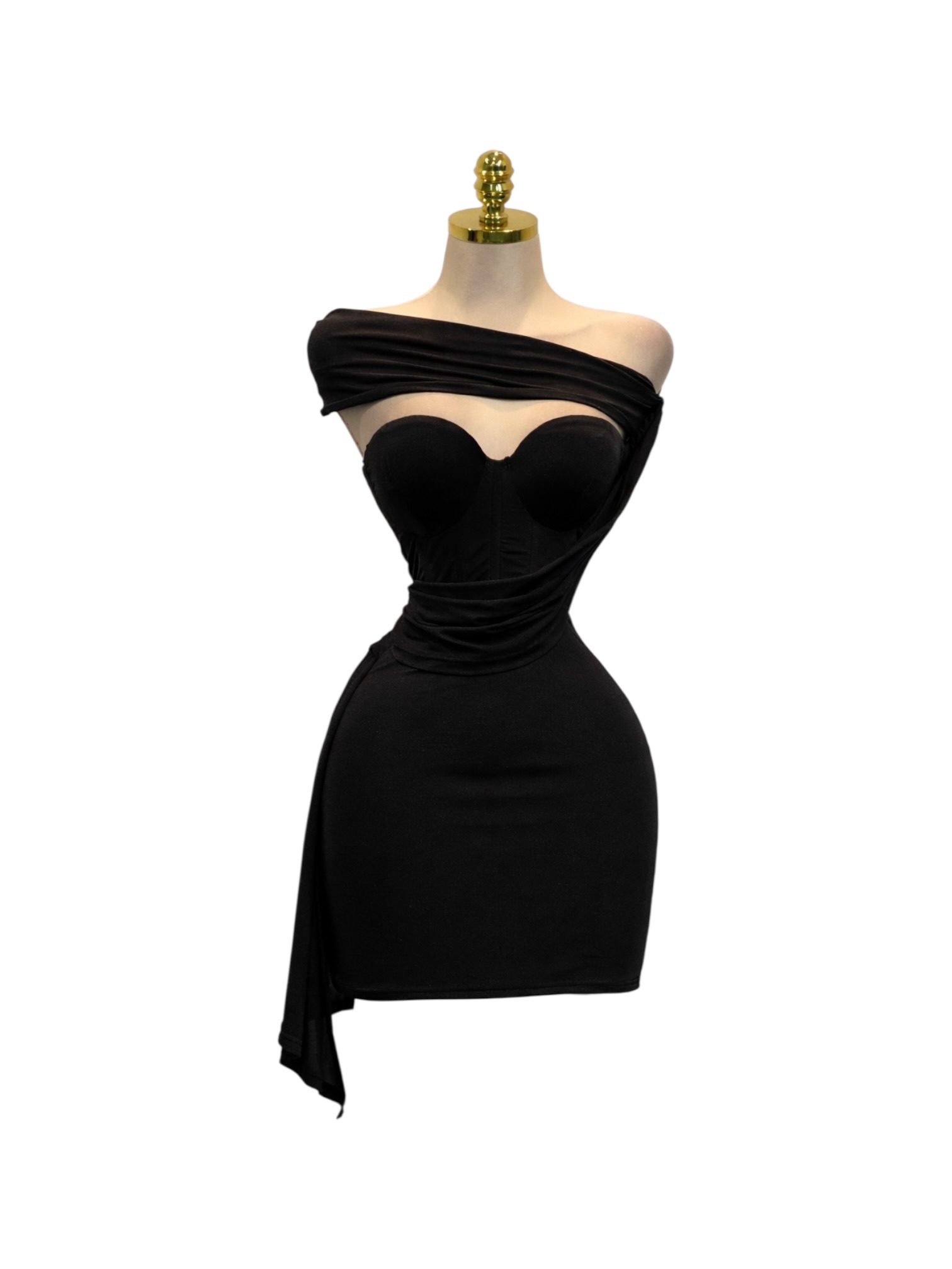 Vestido Negro Con Escote Corazón Y Banda Asimétrica Transparente - Image 2