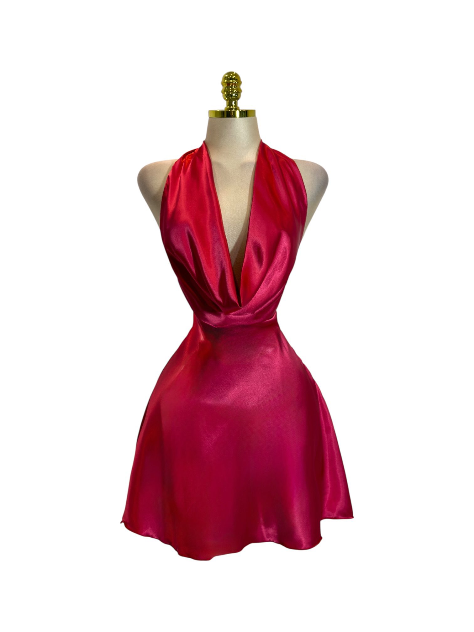 Vestido Rojo Satinado Con Escote Halter Profundo Y Falda Acampanada - Image 2