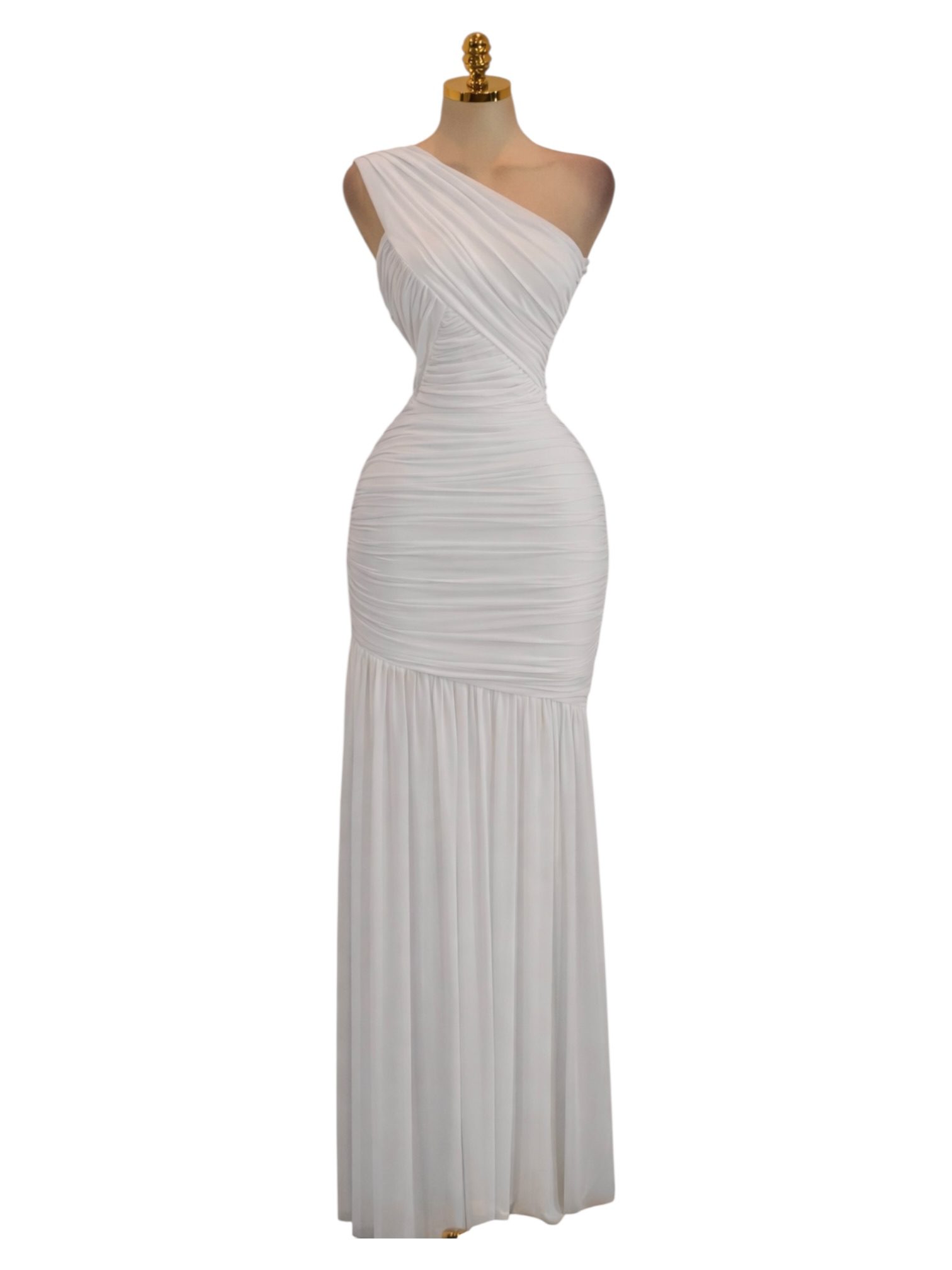 Vestido Blanco De Un Hombro Con Drapeado Cruzado Y Falda Fluida - Image 2