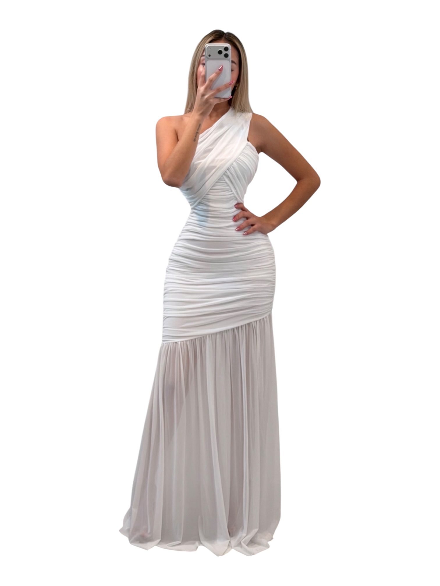 Vestido Blanco De Un Hombro Con Drapeado Cruzado Y Falda Fluida - Image 3