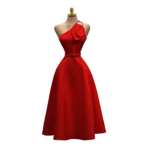 Vestido Midi Rojo De Un Hombro Con Aplicación Floral Y Cinturón Elegante