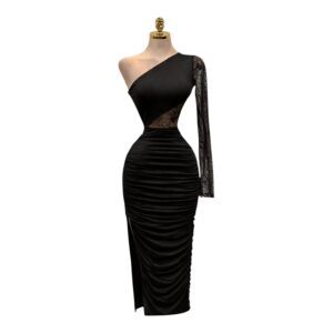 Vestido Negro Asimétrico Con Manga De Encaje Y Abertura Lateral