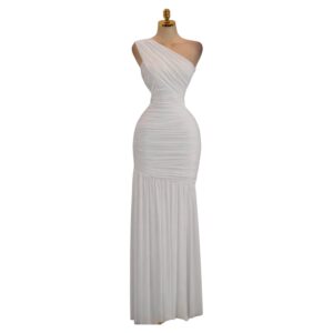 Vestido Blanco De Un Hombro Con Drapeado Cruzado Y Falda Fluida