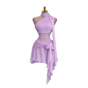 Vestido Lila De Un Hombro Y Lazo Lateral Fluido