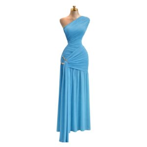 Vestido Azul De Un Hombro Con Drapeado Cruzado Y Caída Fluida