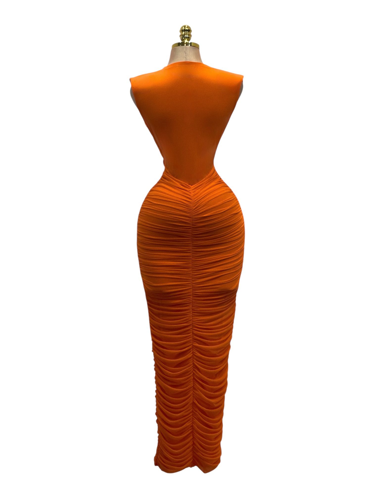 Vestido Naranja Con Escote Profundo Y Fruncido - Image 3