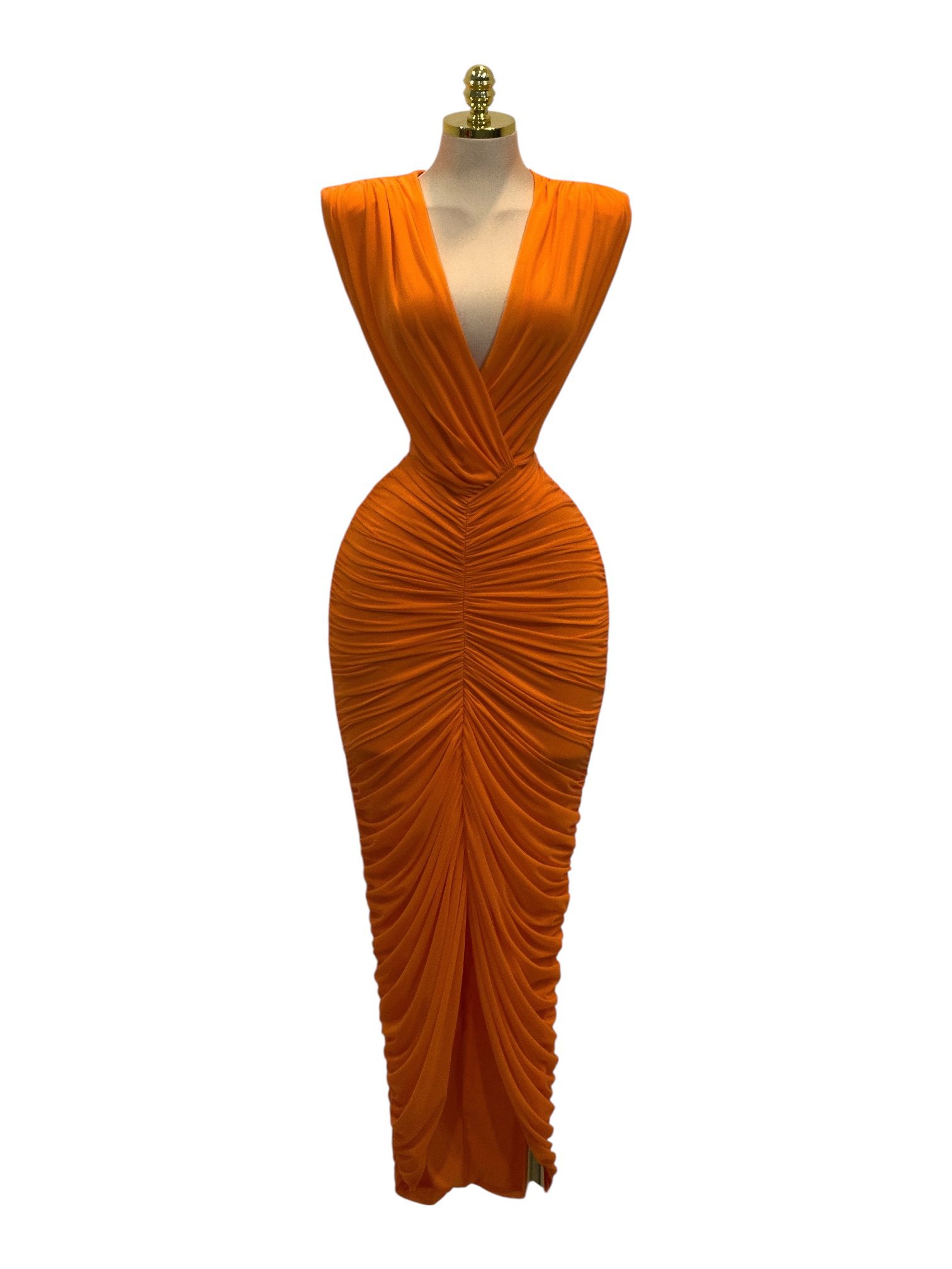 Vestido Naranja Con Escote Profundo Y Fruncido - Image 2