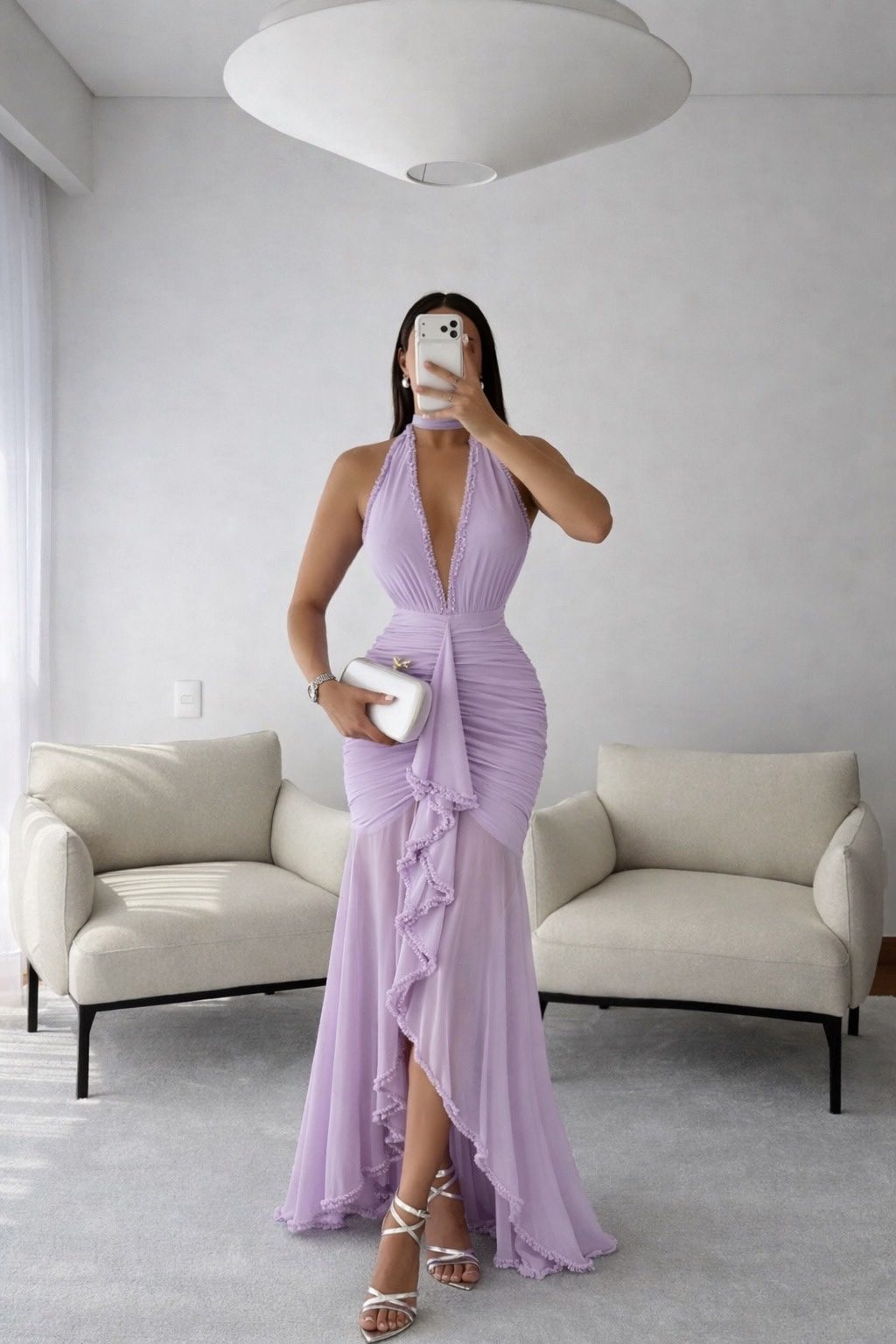 Vestido Lila Con Escote Profundo Y Volante Frontal - Image 4